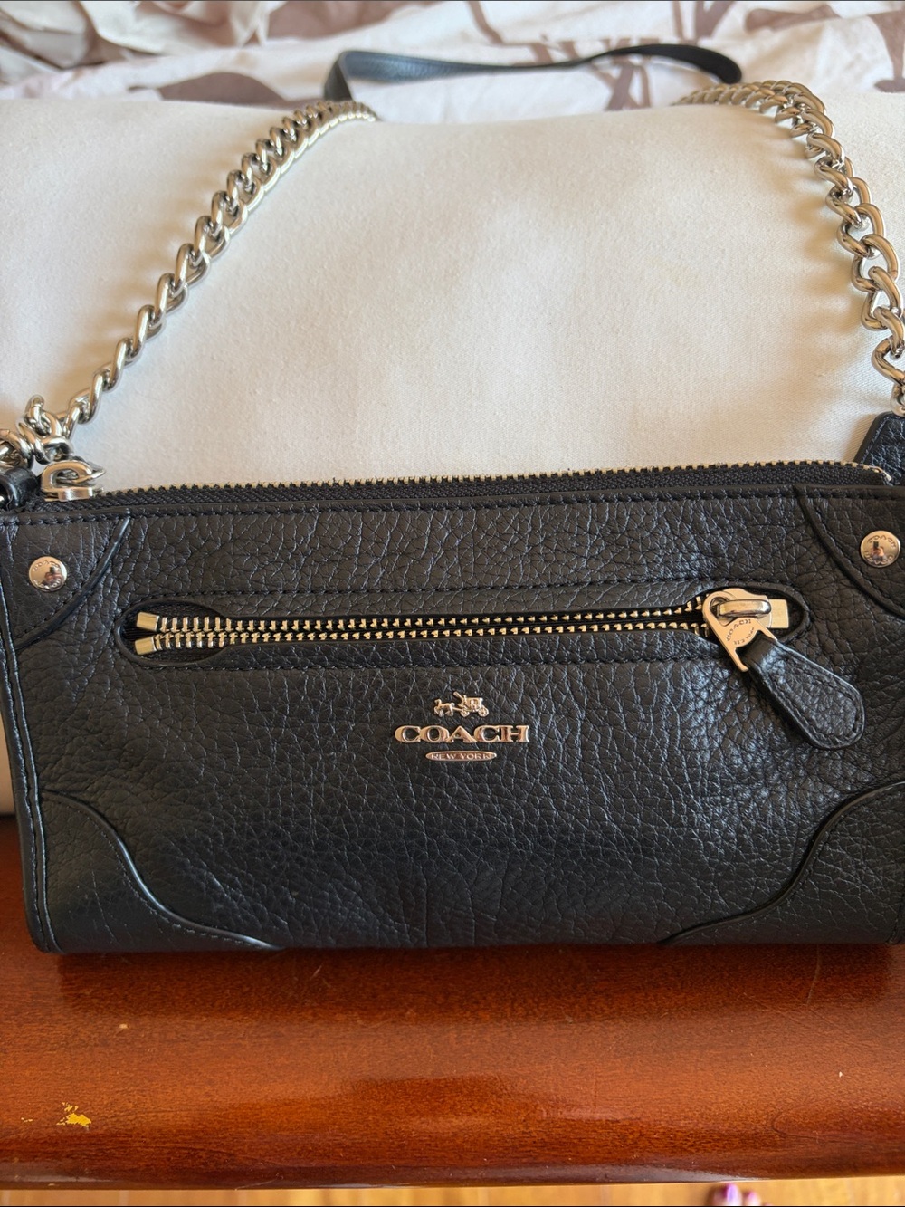 Coach Black Pebbled Leather Shoulder Bag with Silver Chain